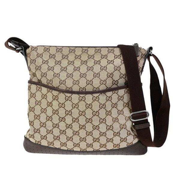 GUCCI Logo GG Pattern Shoulder Bag Canvas Leather Brown Gold Italy 64FA623 - Picture 1 of 14